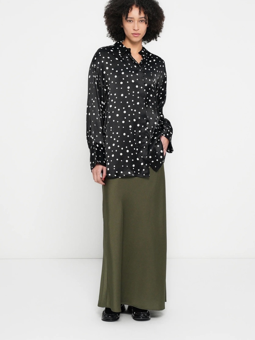 DAY Black Polka Dot satin Button-Down Shirt - Women's Long Sleeve Blouse
